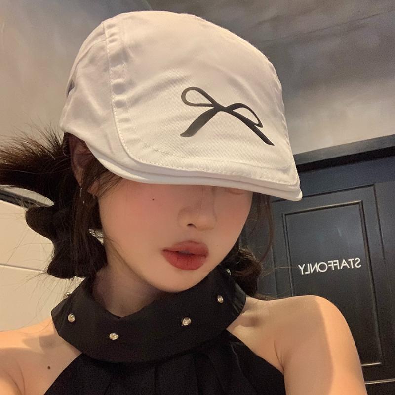 American Retro Bow Printing Forward Hats for Women 2024 New Spring and Summer Thin Sunshade Versatile Literary Berets Cap Y2k