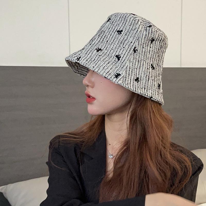 New Butterfly Hat for Women's Small Fragrance Style Bucket Hat Korean Version Versatile Fisherman Hat Striped Basin Hat Showing Small Face