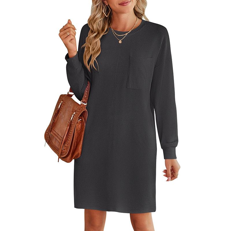 Весенне-осеннее женское повседневное платье в полоску с круглым вырезом и длинными рукавами с карманами