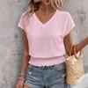 Women Tops V-Neck Short Sleeve Jacquard Decoration Pullover Tops Solid Color Loose Fit Elastic