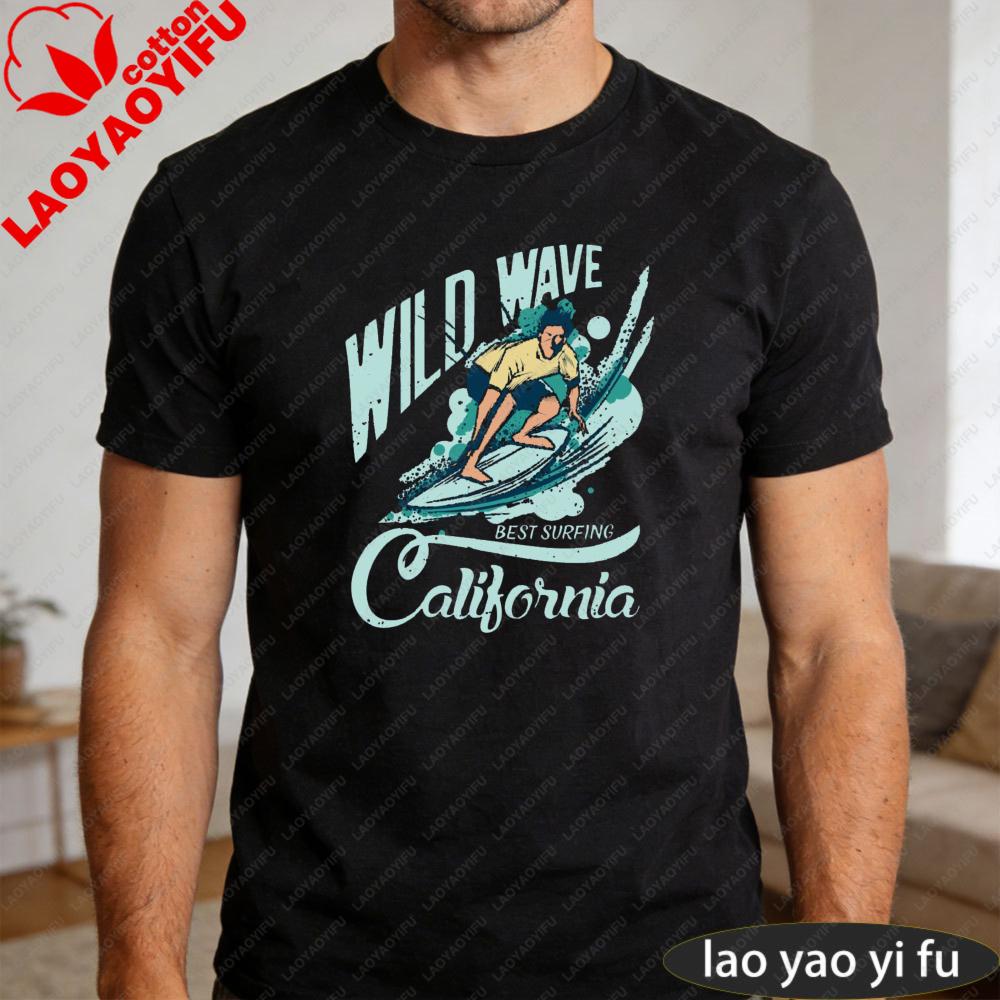 Wild Wave Best Surfing California Graphic T Shirt Unisex Cotton Short Sleeve Retro Arc Font Surfer Meme Casual Daily Outfit