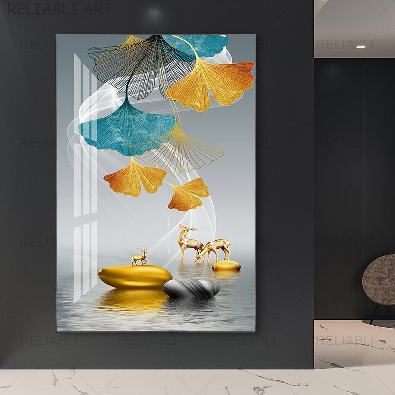Абстрактные красочные принты с листьями гинкго билоба, современная картина на холсте, HD настенный художественный постер для гостиной, галереи, украшение для дома