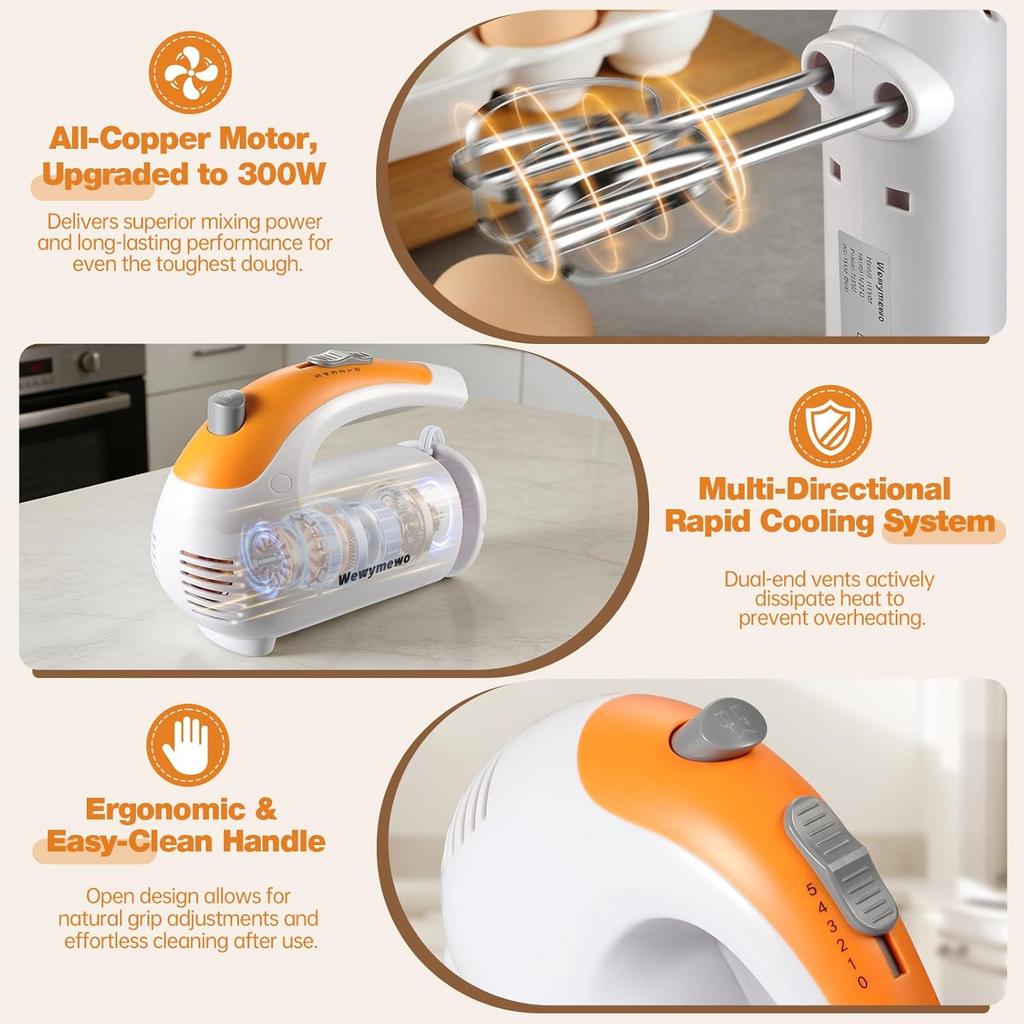 Handheld Kitchen Mixer with 304 Stainless Steel Beaters, Dough Hooks & Whisk –