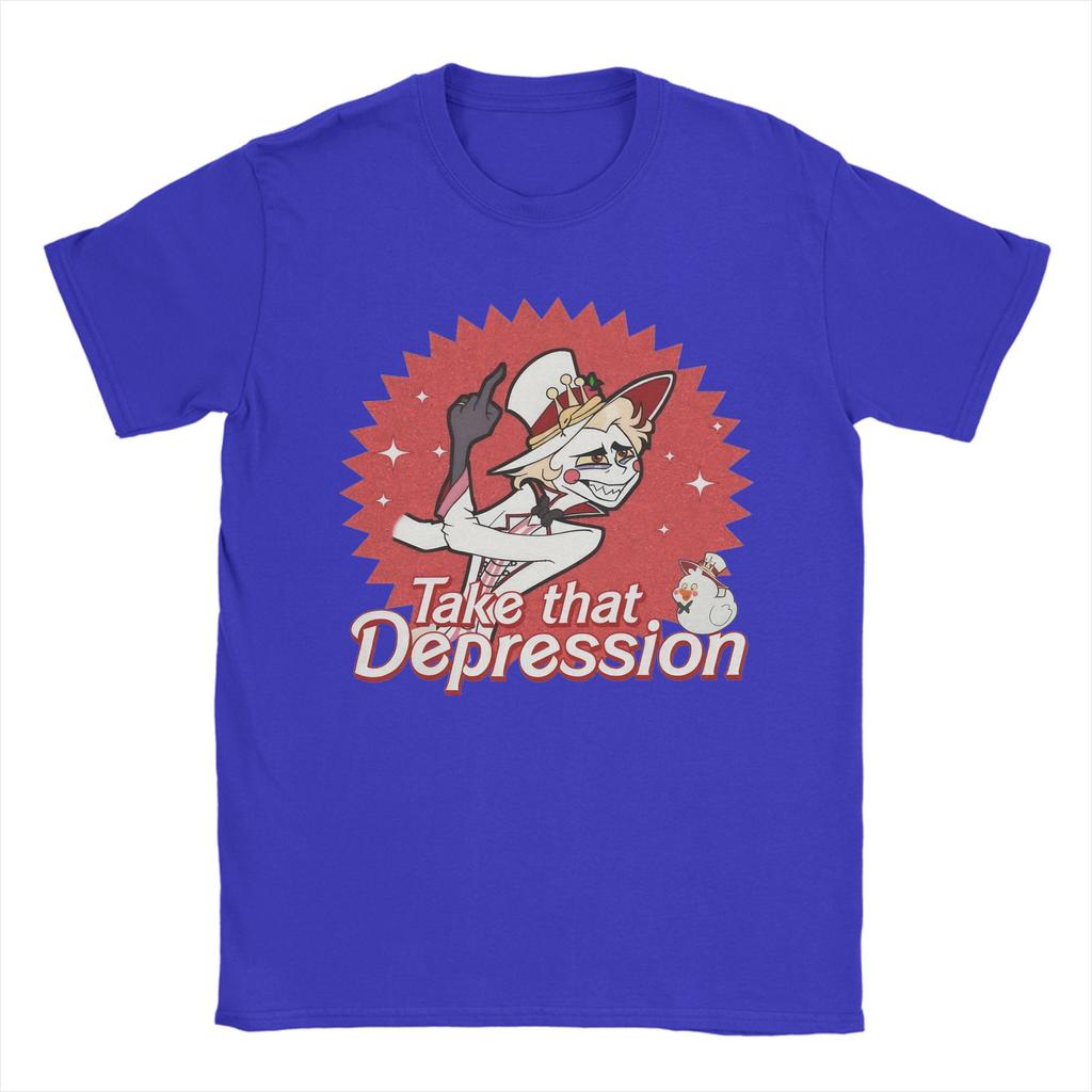 Крутая футболка Hazbins Hotels Take That Depression Lucifer для мужчин, с круглым вырезом, из чистого хлопка, с коротким рукавом, оригинальная одежда