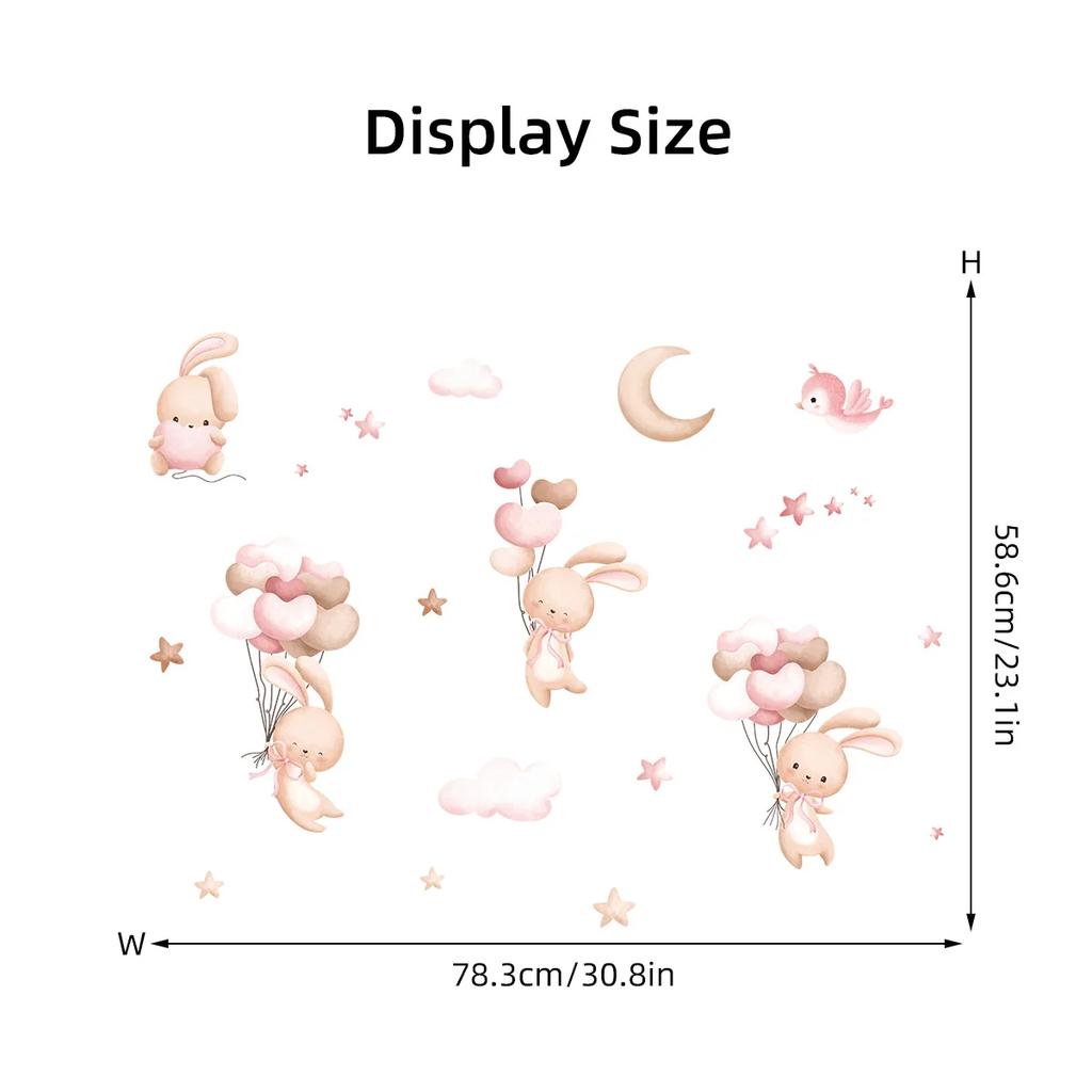 Pink Cartoon Bunny Moon Clouds Stars Watercolor Nursery Stickers Vinyl Children Wall Decals Art Print Kids Girls Room Home Decor