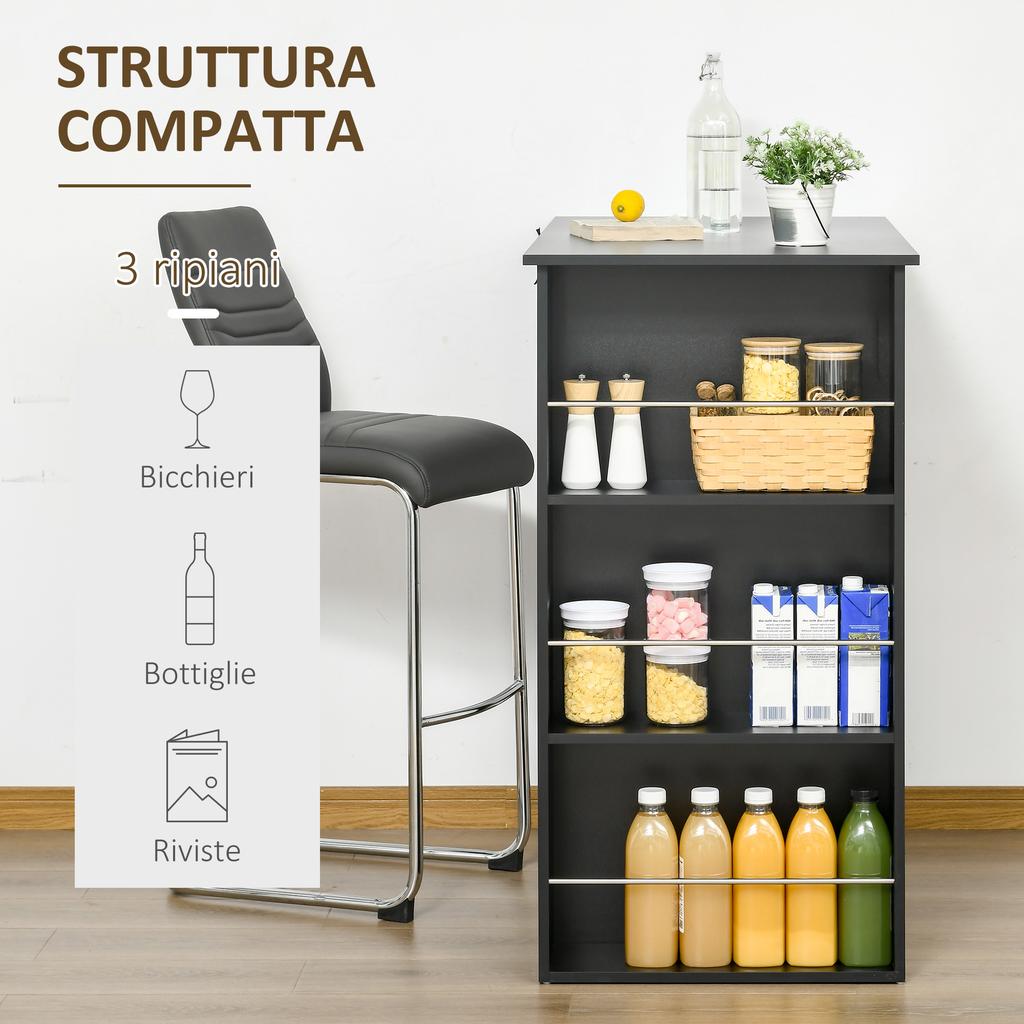 Kitchen Counter High Table with 3 Wooden Shelves. 112x57x106cm. Black