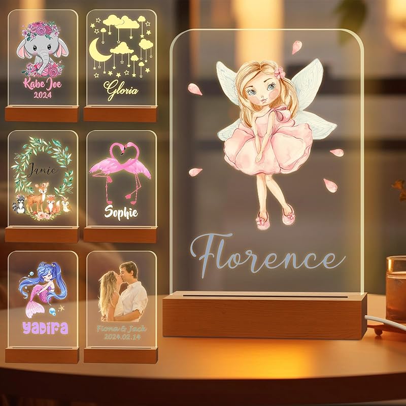 Персонализированный ночник для детей, выгравированное имя, акриловые светодиодные лампы с деревянной основой для детской спальни, декоративный ночник, индивидуальный день рождения