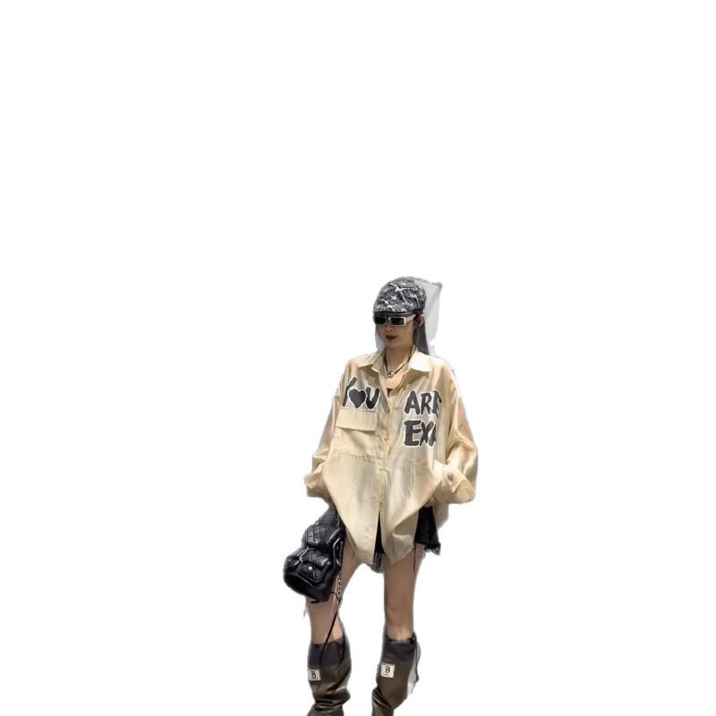 Womens Loose Fit Long Sleeve Shirt Lightweight Letter Print Button Up Top Casual Streetwear 2026
