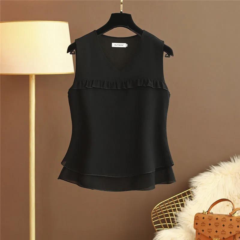 Женский летний топ-майка без рукавов с V-образным вырезом, большой размер, свободный, с затенением живота, тонкий шифоновый топ