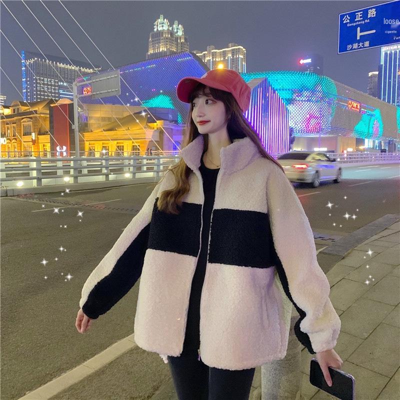 Женский модный корейский стиль Color Block на флисовой подкладке из натуральной шерсти с длинным рукавом (Осень зима)