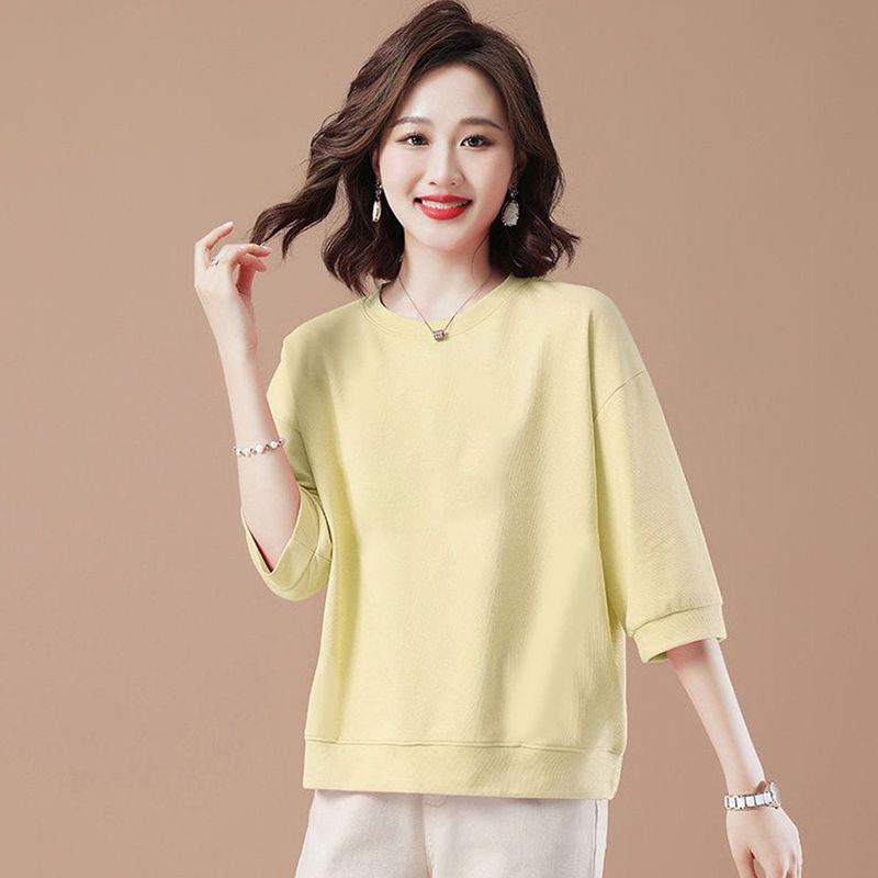 Foreign Trade Clearance 100% Cotton round Neck T-shirt 3/4 Sleeve Loose Slimming Cover Meat Western Style Light Color Spring and Summer Women's Top