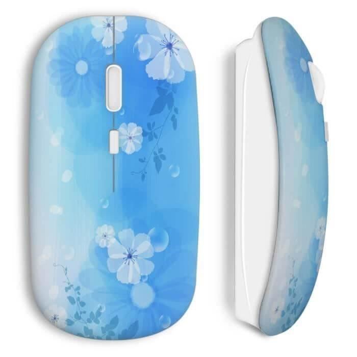 Souris Sans Fil - Fleurs - Bleu - Clé USB incluse - Compatible Mac et PC - Wi-Fi