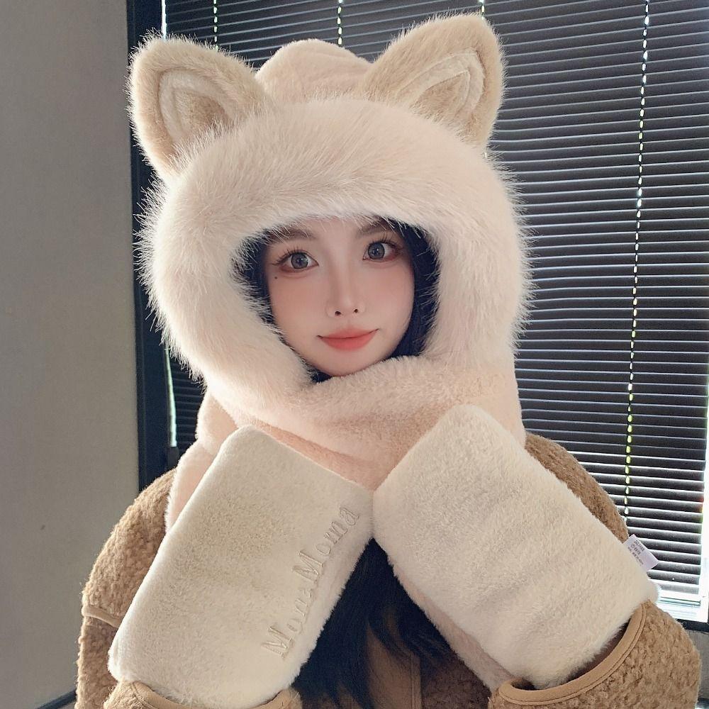 Keep Warm Hat Scarf Gloves Set Thickened Ear Protection Cap New Women Beanies Cap Autumn Winter