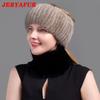 JERYAFUR Ladies Winter Knitted Leather Straw Hat Real Mink Scarf Hat Stretch Luxury Mink Empty Top Hat