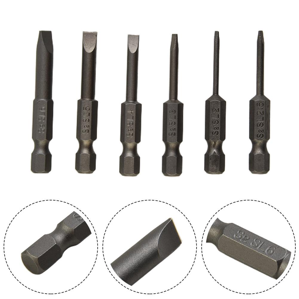 6pcs/set 50mm Flat Head Slotted Tip Magnetic Screwdrivers Bits 2.0-6.0mm Alloy Steel Screwdrivers Power Tool Parts Accessories