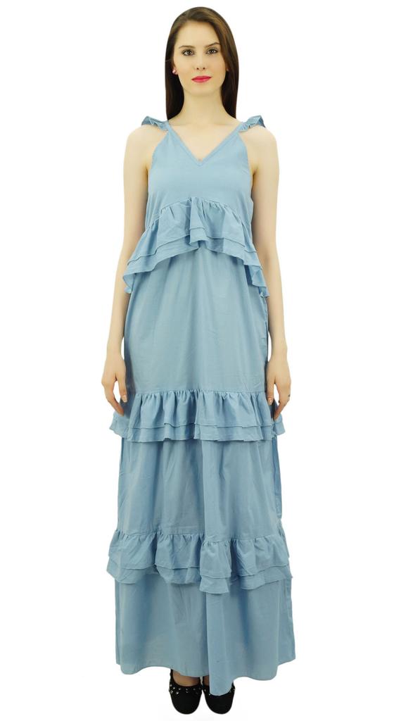 Bimba Sexy Summer Spaghetti Strap Sundress V-Neck Casual Ruffle Long Maxi Beach
