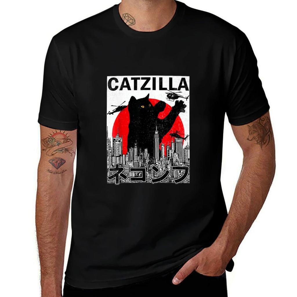 Catzilla Japanese Vintage Sunset Style Cat Kitten Lover Tshirt Graphic Print Short Sleeve Tshirt