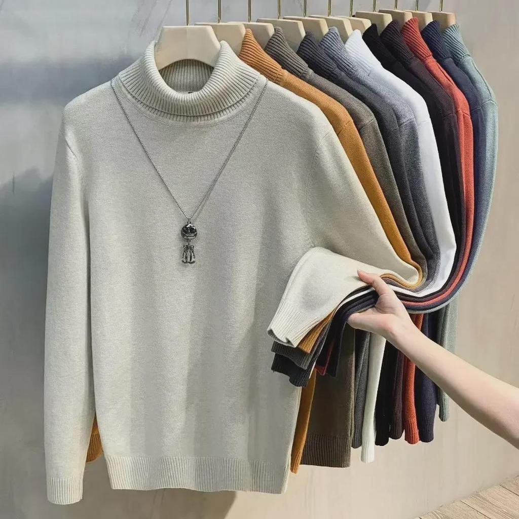Autumn/Winter Korean Mid-Neck Men's Knitted Sweater, Trendy Half-High Collar, Solid Color Base Layer.