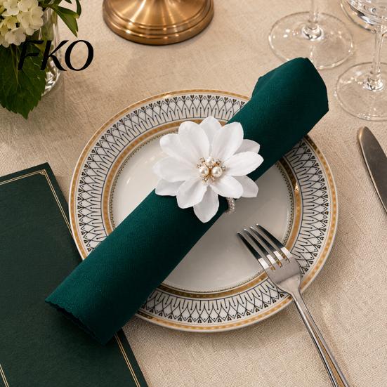 Napkin Ring 6Pcs White Lotus Rings, Chiffon Flower Metal Holders, Faux Soft Fabric Pearl Dinner Rings for Wedding Bridal Shower Table