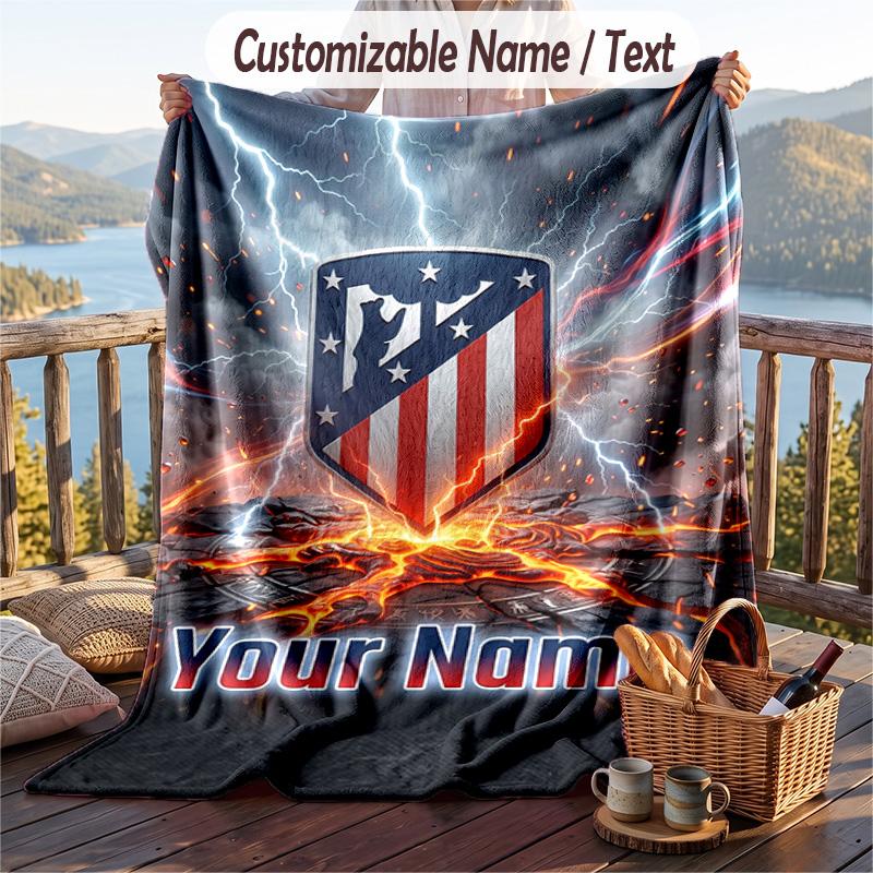 Flannel Blanket Atletico Madrid Print Custom Name Text Soft Throw for Sofa Bed