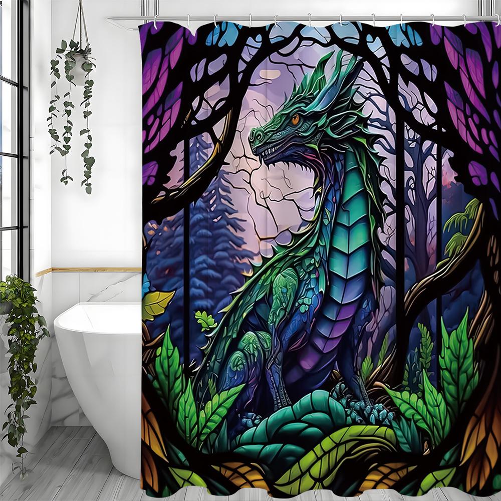 Mystic Dragon Magic Forest Shower Curtain, Bathroom Decorative Shower Curtain, Waterproof Shower Curtain with Hooks