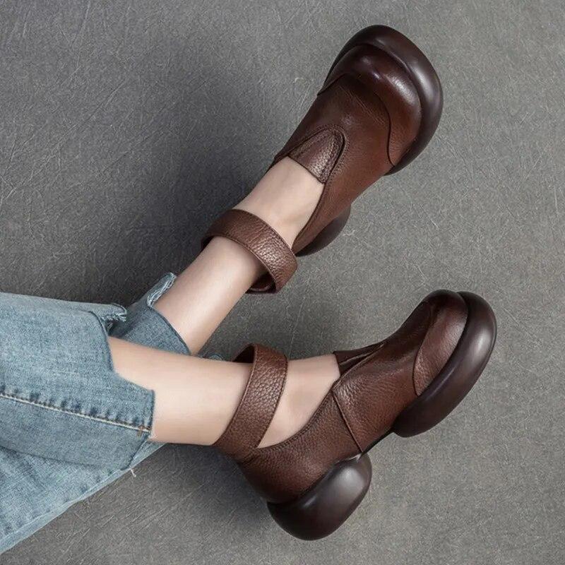 Genuine Leather Round Toe Thick Sole Pumps Casual Comfortable Hook & Loop Women's Shoes