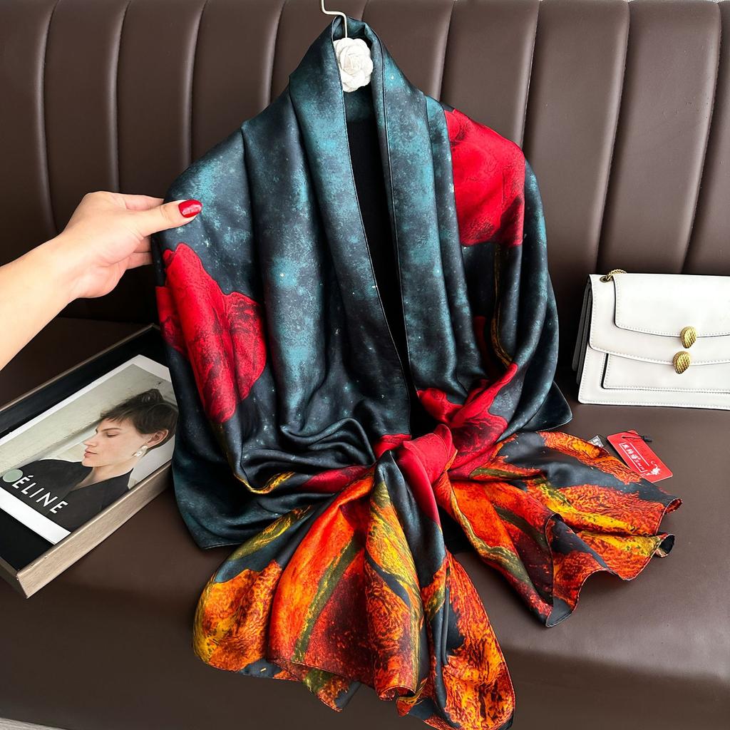 Long Silk Scarf Spring and Summer Thin Style Printed Scarf Beautiful Brocade Lotus Shawl Imitation Silk Scarf Gauze Scarf