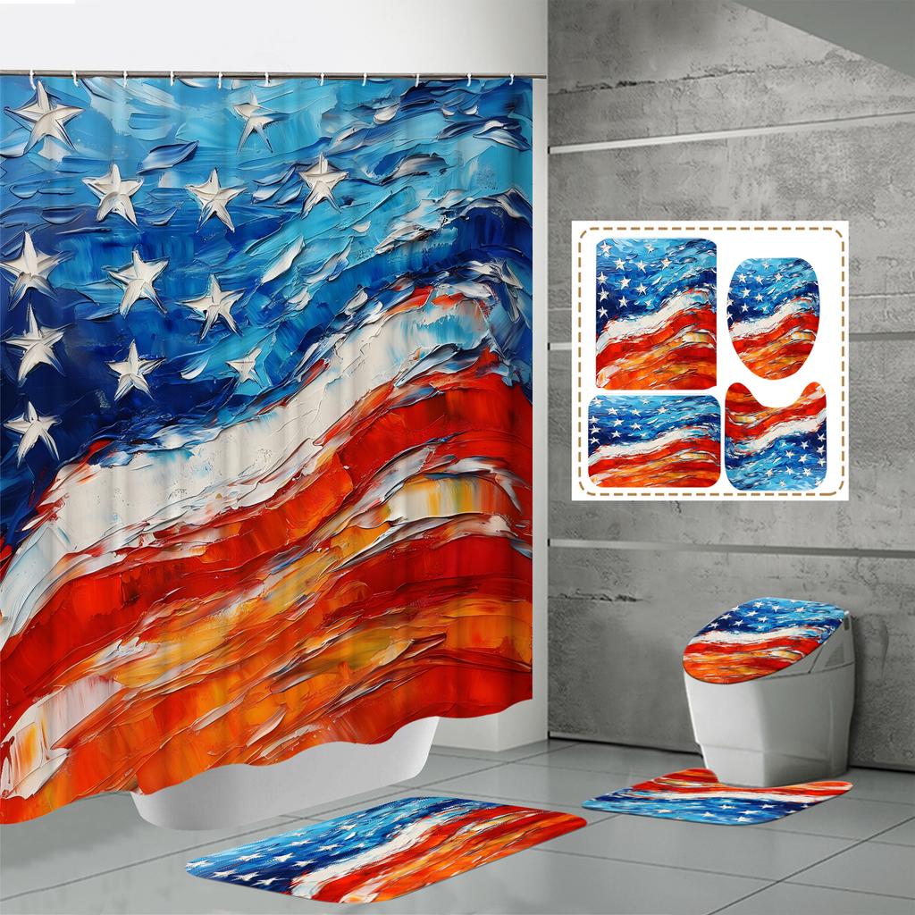 4PCS Shower Curtain Sets With Shower Curtain And Rugs Toilet Lid Rug U Shape Mat And Bath Mat Bathroom Set With 12 Hooks