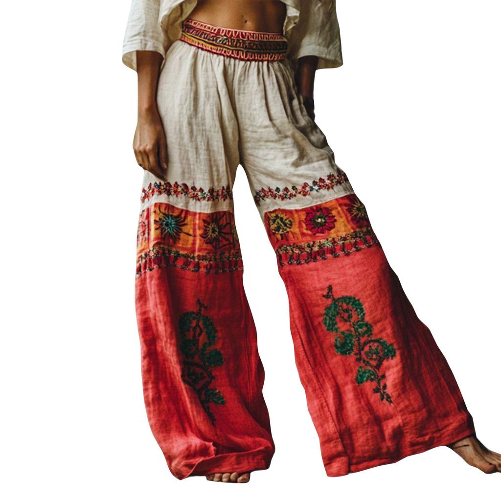 Женские брюки из хлопка и льна с высокой талией и ретро-принтом