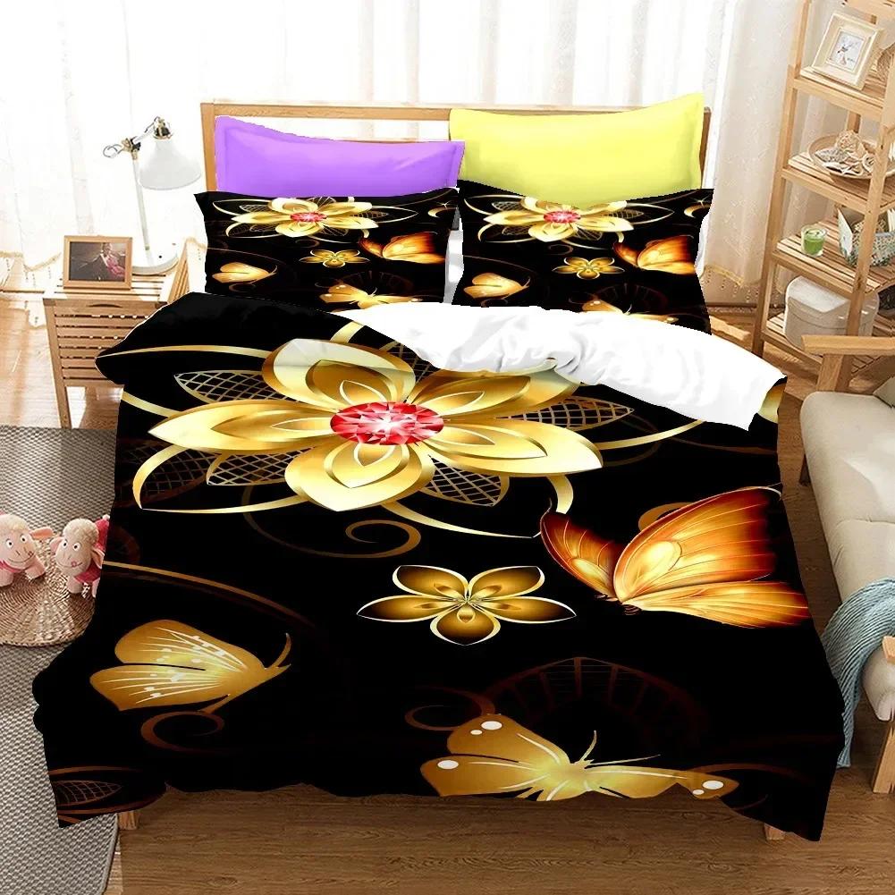 Golden Butterfly Pretty Blue Comfortable Duvet Quilt Cover Pillowcase Bedding Set Children Bedroom Decoration Home Textile