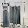 Denim Skirt Women A-line Design Raw Edge Halter High Waist Casual Vintage Package Hip Mid-Length Skirt Comfortable Fashion Denim Bustier Skirt
