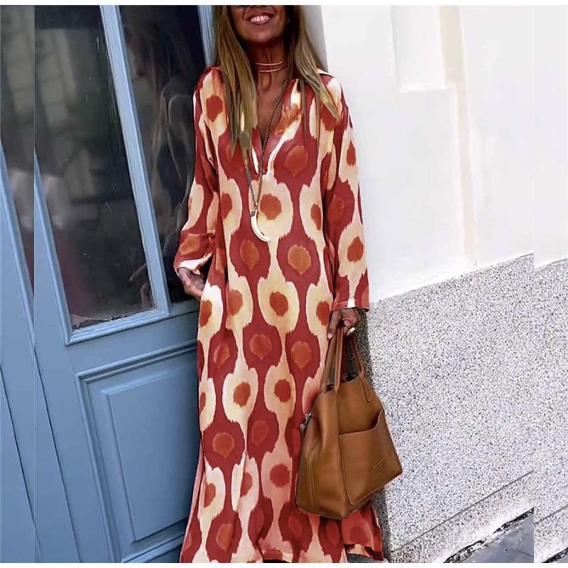 YYFS Женская мода весна осень цвет блок принт длинный рукав V-образный вырез свободная талия повседневные платья