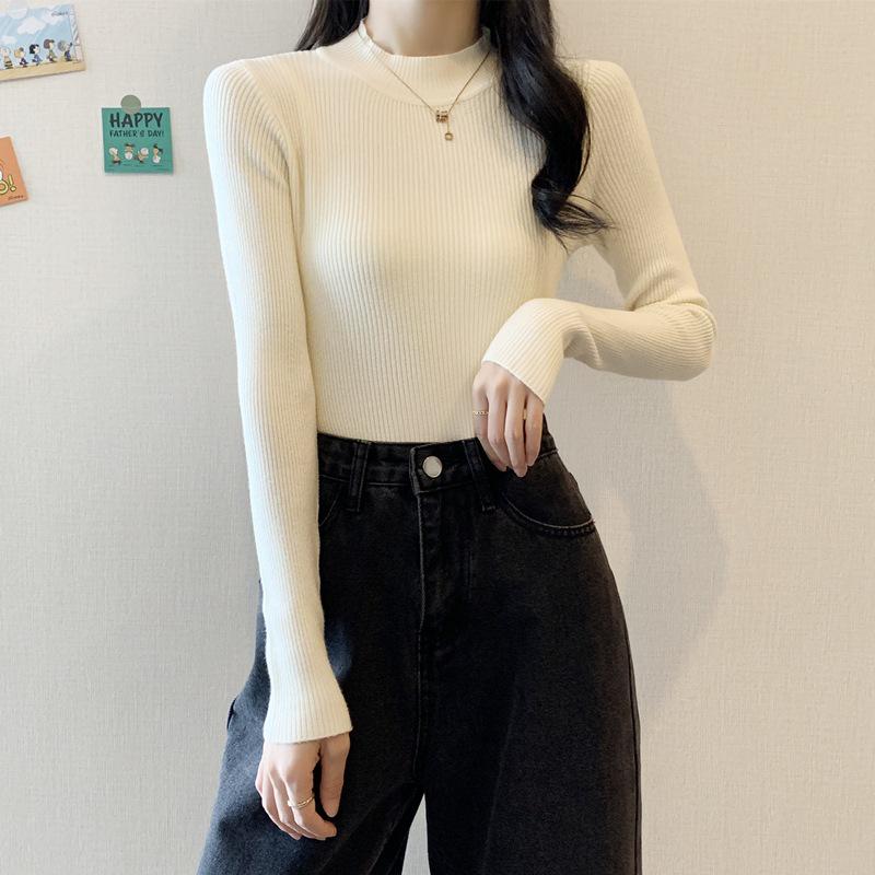 Женский черный облегающий вязаный свитер с полувысоким воротником 2022 года на весну и осень