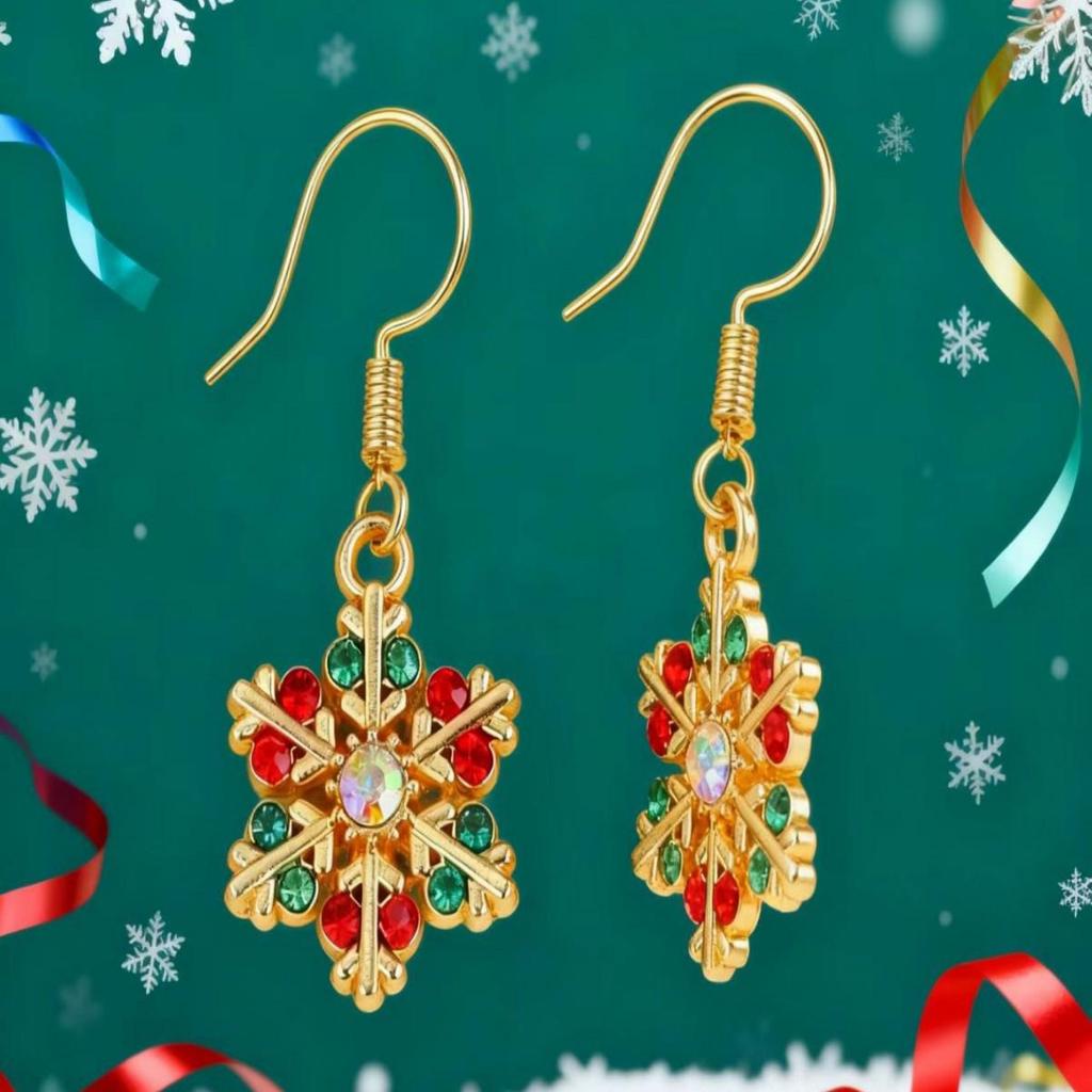 2025 Красочные серьги-подвески в виде снежинок со стразами - Элегантный шестилепестковый дизайн для женских рождественских украшений