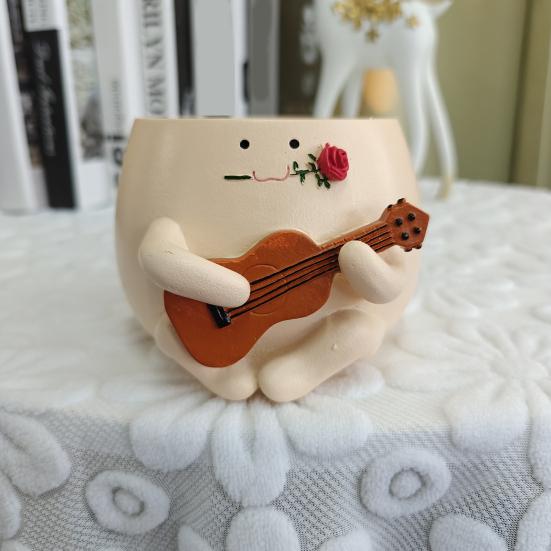 Guitar Smiling Face Planter Pot Resin Ukulele Head Flowerpot Indoor Outdoor Cactus Succulent Plants Container Home Balcony Garden Decoration