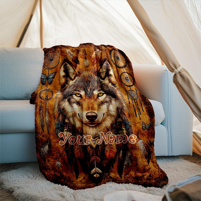 1PC Custom Name Wolf Dreamcatcher Spirit outdooor Flannel blankets Patterns Throw Blanket All-Season Soft Gift for Couch, Bed, Camping gifts