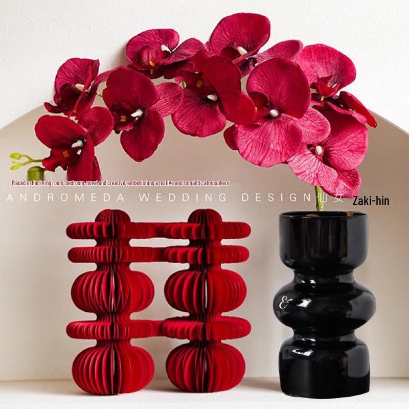 Red Phalaenopsis Orchid Double Happiness Vase for Living Room, Bedroom, or Wedding Decor