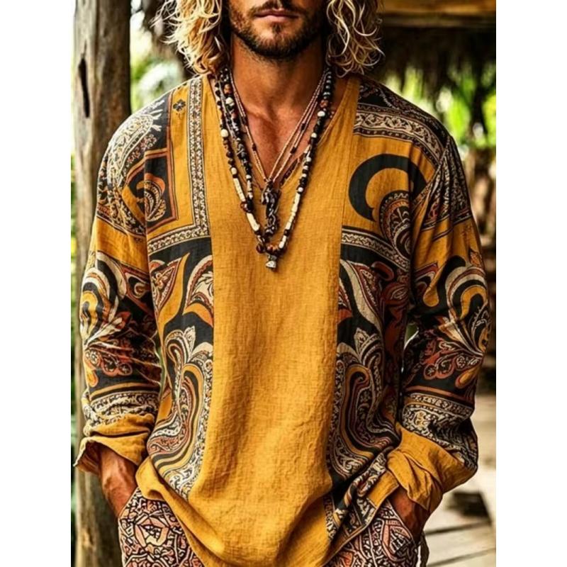 New large-sized men's Bohemian-style beachwear, V-neck long-sleeved T-shirt. Suitable for camping, fishing and various outdoor activities.