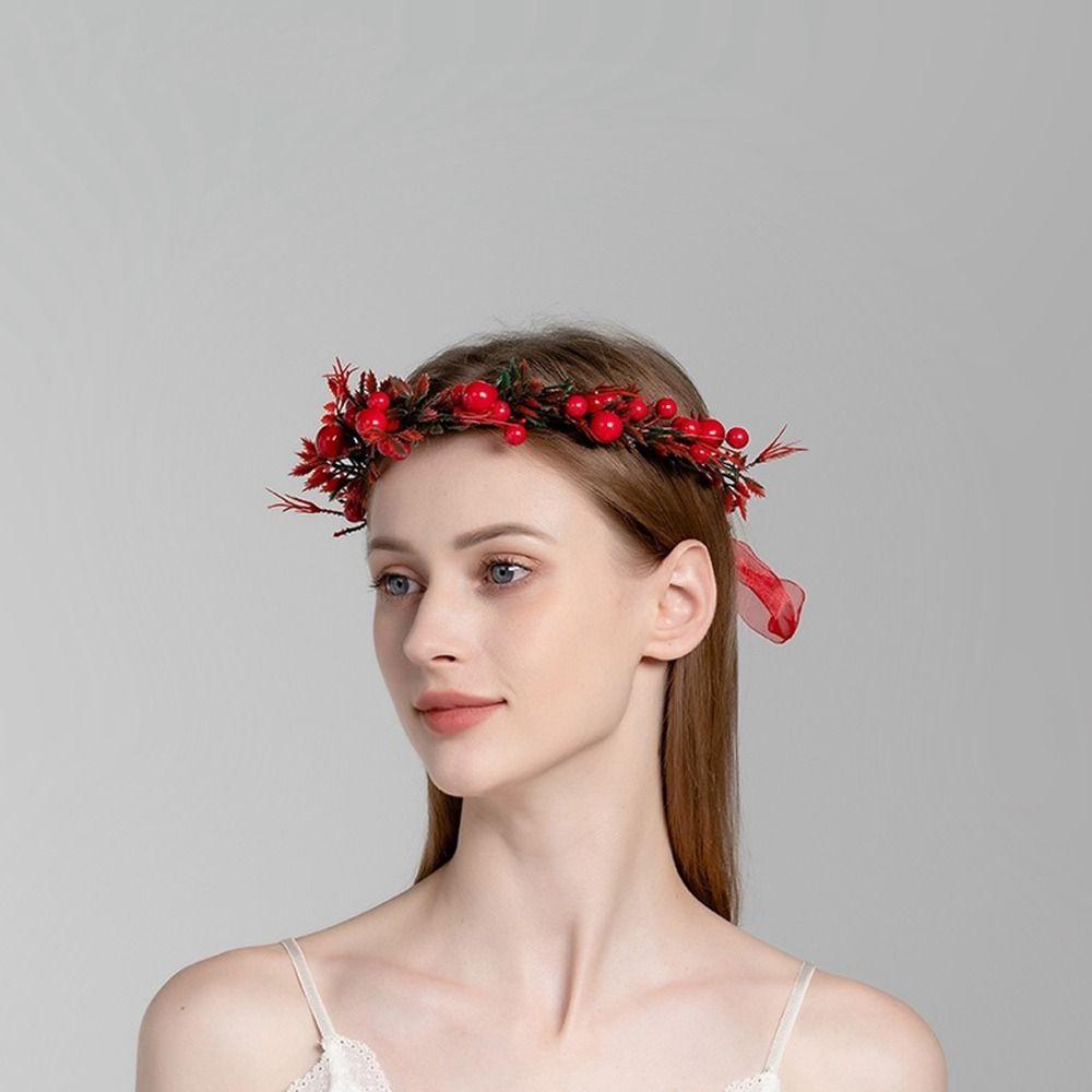Flower Christmas Headband Crown Flower Headband Red Berry Garland Wreath Decoration Women Headwear