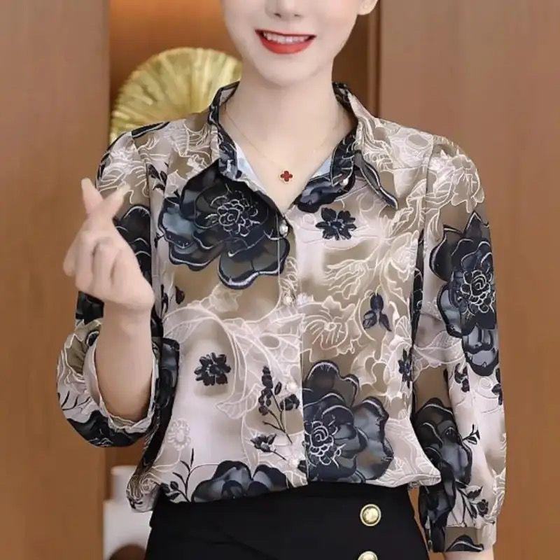 Новые весенне-осенние топы с цветочным принтом, длинные рукава, отложной воротник, женская блузка, рубашка, модная однобортная одежда OL