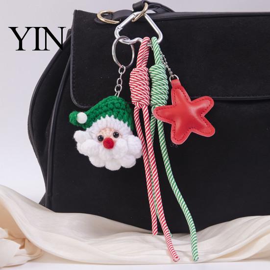 Knitted Holiday Embellishments Christmas Santa Claus Bag Charm, Crochet Keychain Pendant with Key Accessories Faux Leather Star, Xmas Hanging