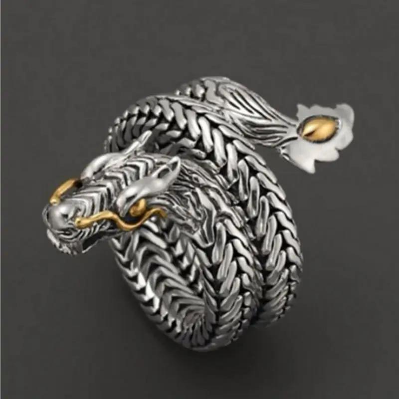Cool Men Golden Dragon Rings Silver Color Fashion Red AAA Zircon Hip Hop Motorcycle Punk Party Jewelry Gift Size 6-13 Wholesale