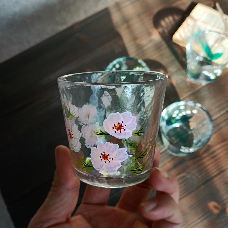 Japanese Style Hammered Hand Painted Lily of The Valley Crystal Glass Cup for Whiskey Tea Water