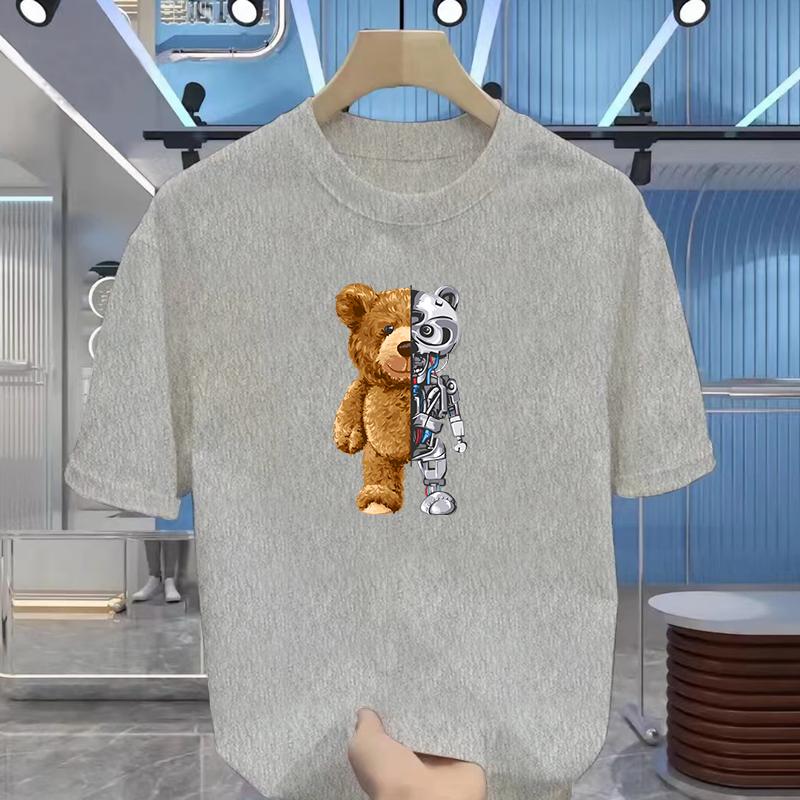 Hot 100% Cotton Casual Short Sleeve Robot Bear Men's Shirt Summer Breathable Clothes O Collar Short Sleeve for Men and Women