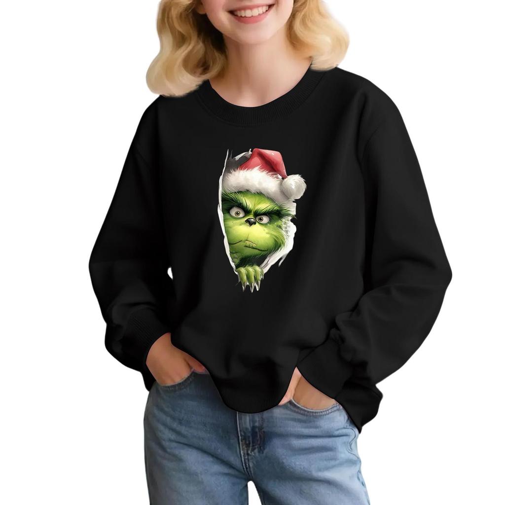 Kids' Fashion Loose-Fit Casual Long-Sleeve Christmas Print Oversized Crewneck Sweatshirt
