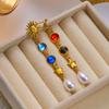 Gold Color Sun Moon Colorful Cubic Zirconia Pearl Tassel Earrings for Women Stainless Steel Long Dangle Party Jewelry Gifts Set