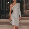 2025 European/American One-Shoulder Sequin Evening Dress with Oblique Collar