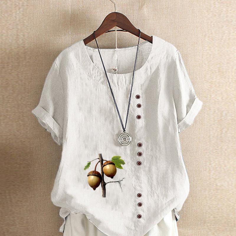 Женская новая модная льняная рубашка с круглым вырезом и коротким рукавом с принтом лесного ореха, летняя женская повседневная блузка больших размеров, топы