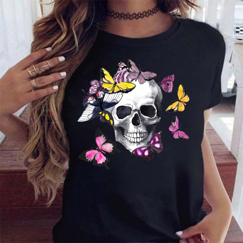 Maycaur Fashion Skull Flower Print Женская футболка Летняя повседневная женская футболка с коротким рукавом и круглым вырезом в стиле 90-х годов, женская футболка, топы