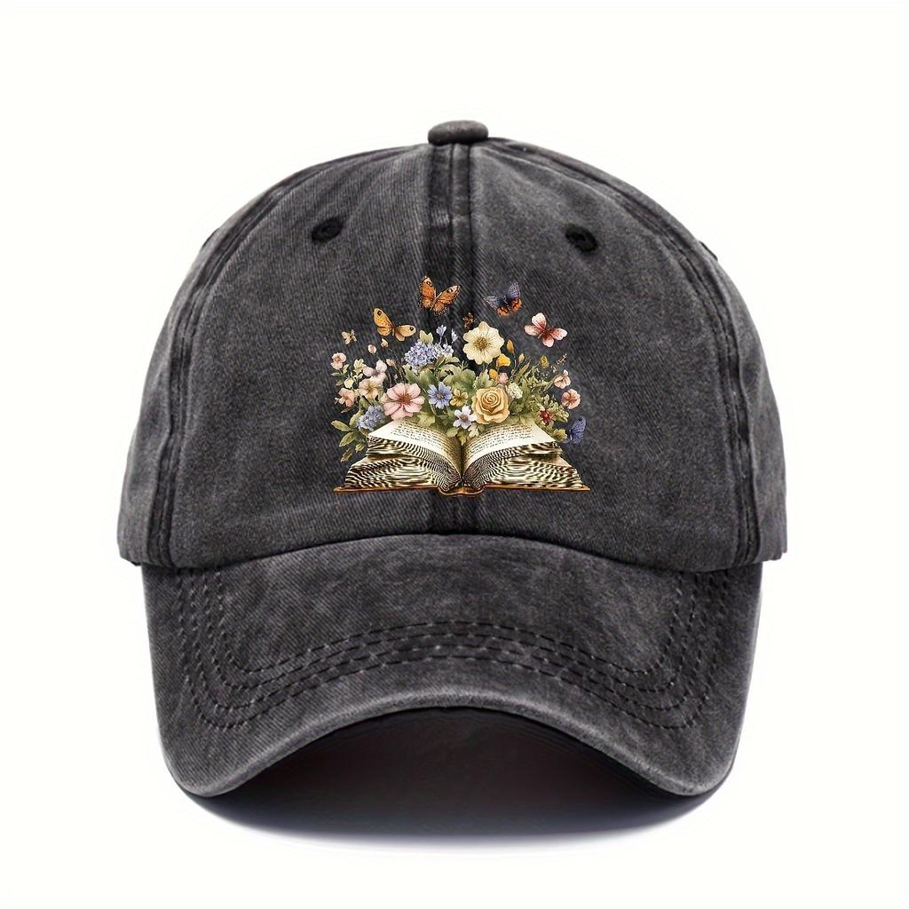 Floral Butterfly Open Book Baseball Cap Vintage Washed Adult Casual Adjustable Snapback Hat Unisex